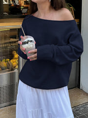 Aiertu - summer inspo Dark Blue Solid Minimalist Style Autumn Winter Sweaters Women White Simple Basic Casual Loose Knitted Pullover Jumpers Aiertu