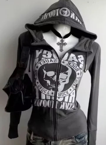 Aiertu  -  High Street Y2k Vintage Lace Slim Fit Zipper Hoodie Goth Grunge Hip Hop Premium Cotton Casual Harajuku Hottie Sexy Long Sleeve Aiertu