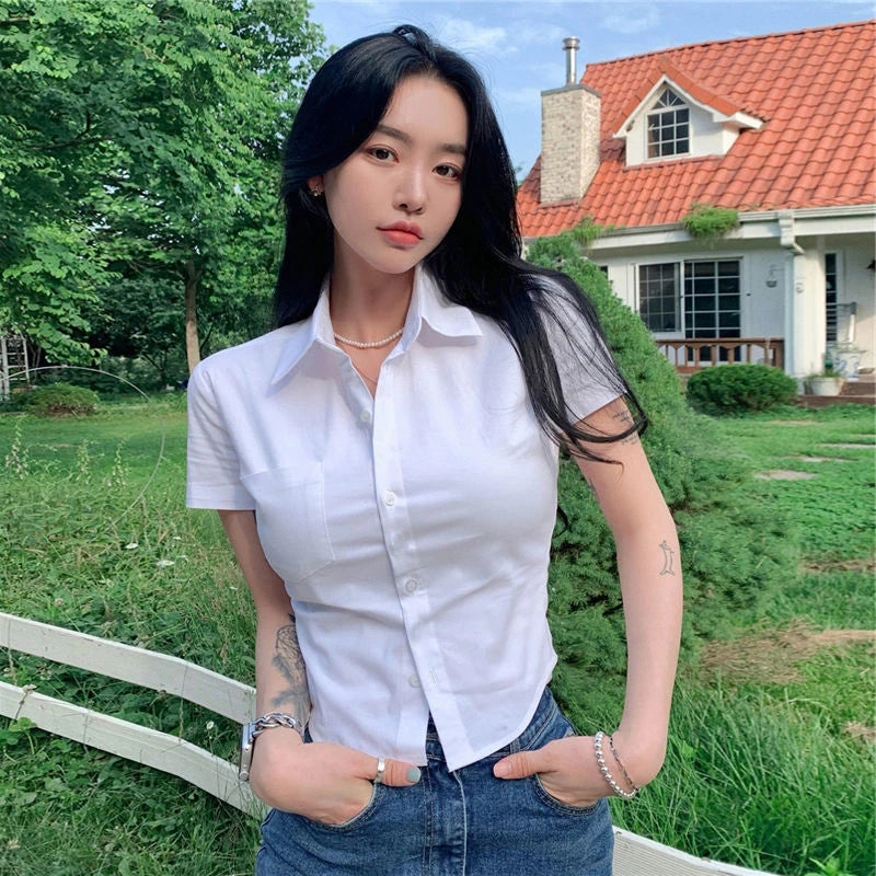 Aiertu White Basic Shirts Women Preppy Style Short Sleeve Slim Blouses Student Korean Office Lady Sexy Crop Tops Work Wear Aiertu