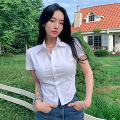 Aiertu White Basic Shirts Women Preppy Style Short Sleeve Slim Blouses Student Korean Office Lady Sexy Crop Tops Work Wear Aiertu