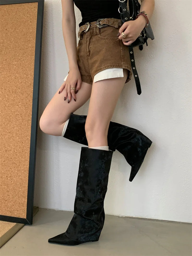 Aiertu    -  Black Wedges Long Boots Ladies Pointed Toe Chunky Shoe Fall Fashion Boots Designer Trousers wedges shoe woman Botas Altas Aiertu