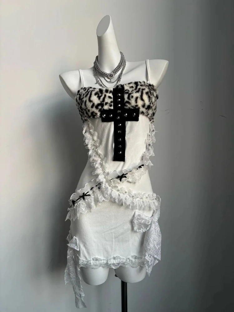 Aiertu  -  Vintage Sexy Leopard Crucifix Patchwork Slip Dress Women Streetwear Lace Bow Bodycon Dresses Grunge Y2k Aesthetic Mini Vestidos Aiertu