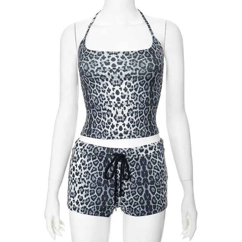 Aiertu  -  Spaghetti Strap Halter Sleeveless Crop Top And Shorts Leopard Print Summer Feminine New Arrivals Streetwear 2 Piece Set Aiertu