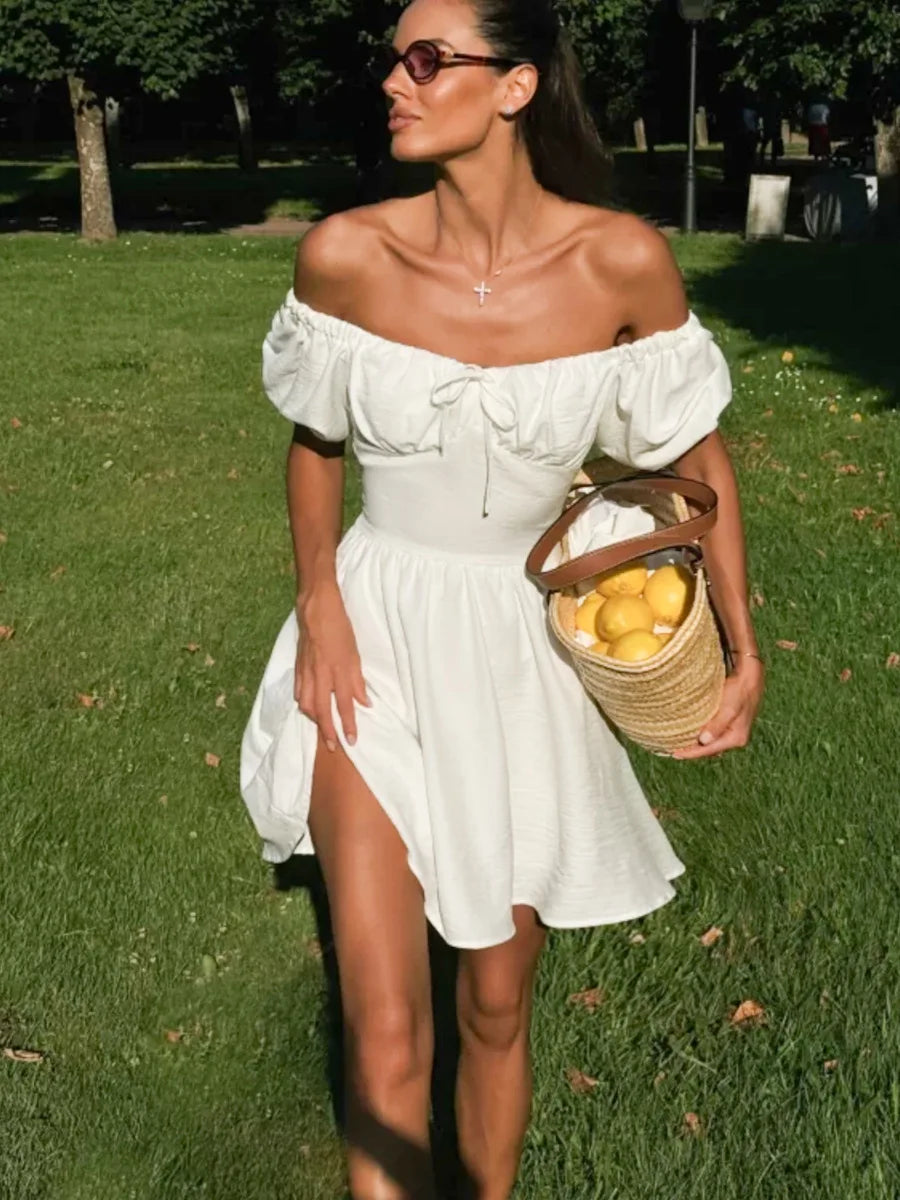 Aiertu  -  Summer White Off Shoulder Mini Dress for Women Elegant Fashion Slash Neck Puff Sleeve Holidays Party Dresses 2025 New Aiertu