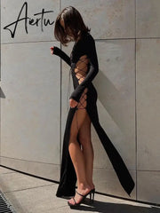 Bandage Lace Up Hot Sexy Slit Maxi Dress for Women Outfits Fashion Party Club Autumn Long Sleeve Dresses Vestido Aiertu