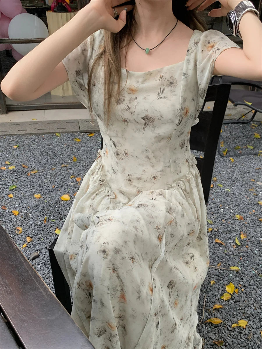 Aiertu  -  Vintage Elegant Women's Slim Summer Long Chiffon Dress Smudge Flower Square Collar Flattering Maxi Sundress Female Aiertu
