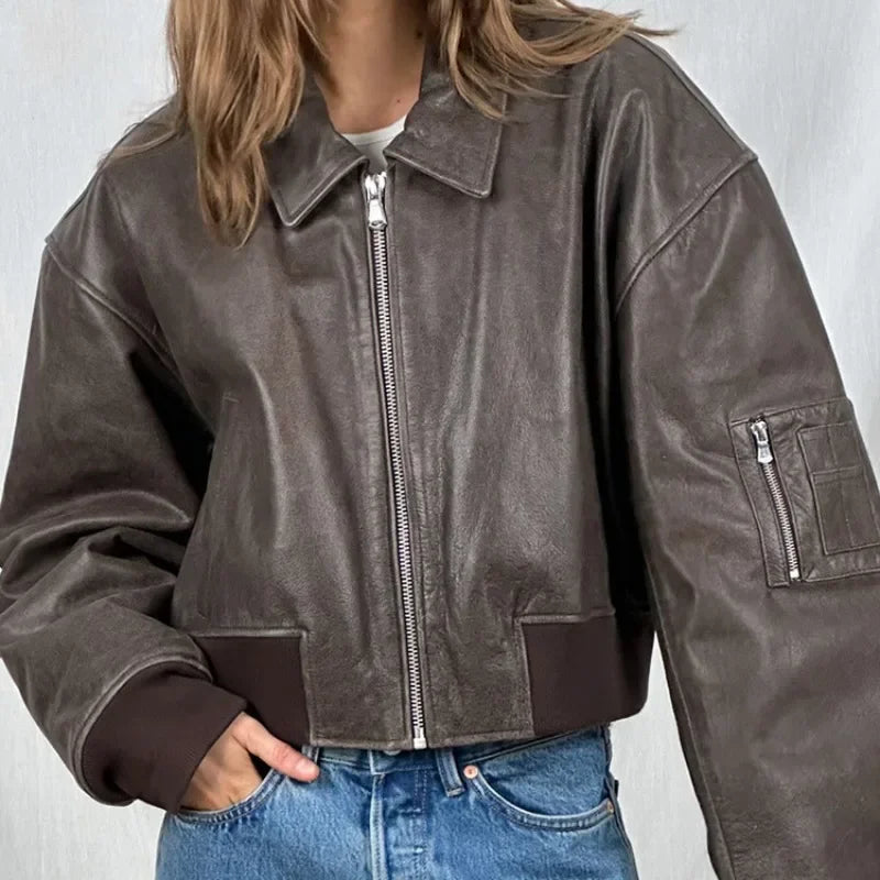 Aiertu  -  Fashion Lapel Leather Bomber Jacket Women Loose Zipper Long Sleeves Locomotive Coat Autumn New Lady High Street Outerwear Aiertu