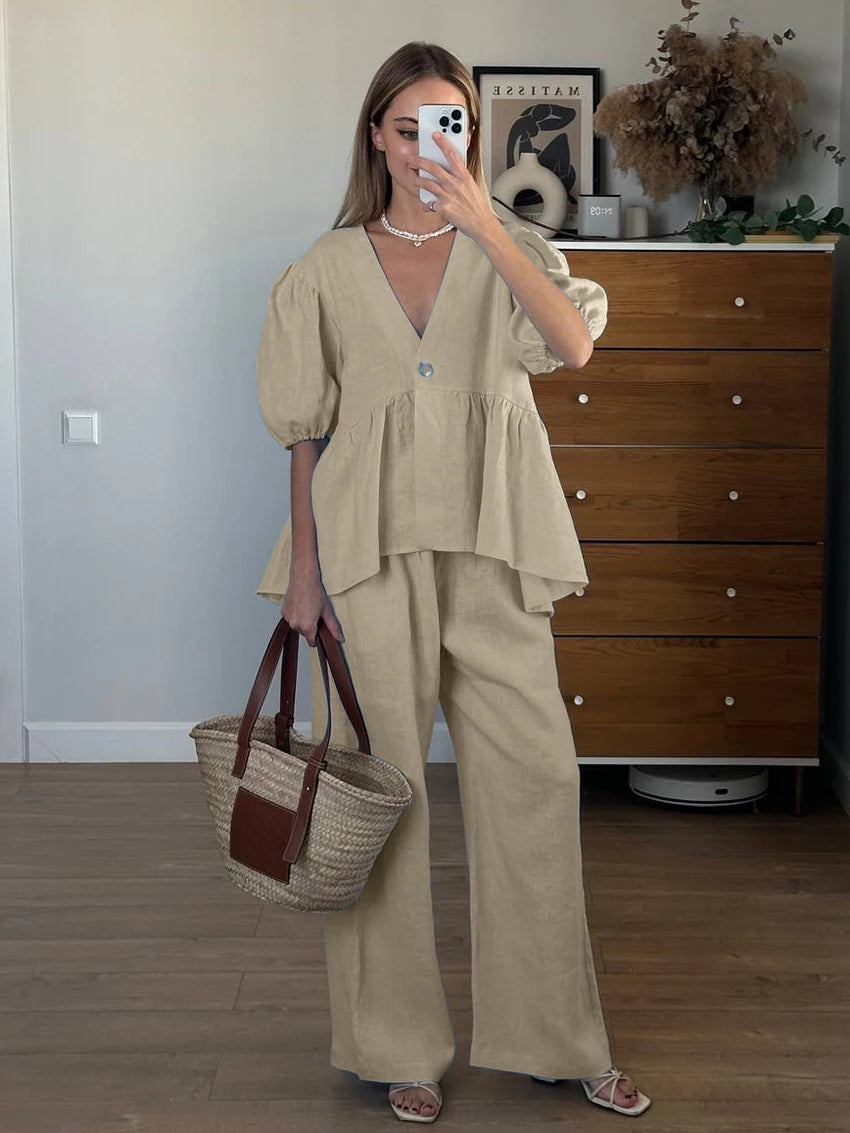 Aiertu  Cotton Loose Female Pajama 2 Piece Suit Short Sleeve Nightgown Sexy V-Neck Sleepwear Pants Casual Women Nightwear Set Aiertu