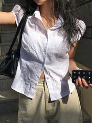 Aiertu - summer inspo Hot White Solid Single Breasted Turn Down Collar Casual Shirts Women Simple Puff Sleeve Japanese Y2K Preppy Summer Tops Aiertu