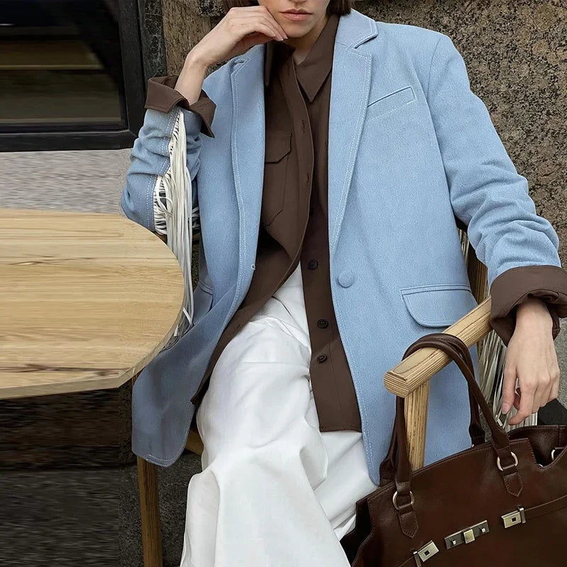 Aiertu  -  Casual Solid Tassels Blazer Coats Women Lapel Long Sleeve Single Button Pockets Jackets 2026 Autumn New Lady Loose Top Outwears Aiertu