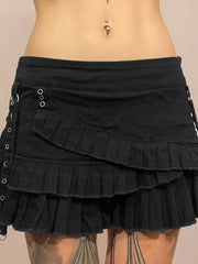 Aiertu Punk Gothic Black Eyelet Ribbon Denim Skirt Women Low Waist Asymmetrical Tiered Pleated Short Jean Skirts Y2K Aiertu