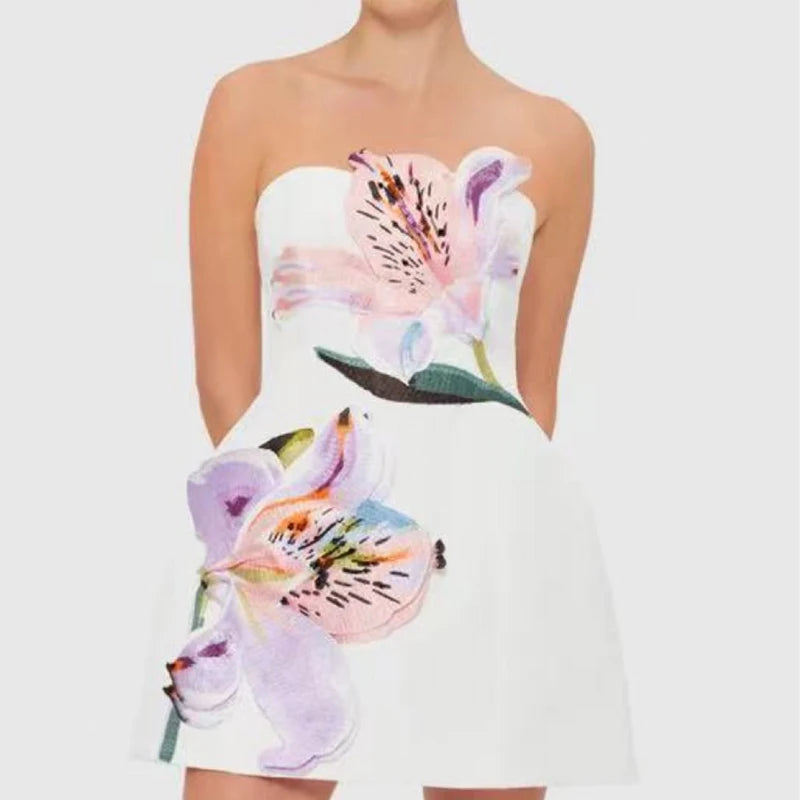 Aiertu  -  Women Elegant Strapless Flower Collage Dress Sexy Sleeveless Waist Slim Short A-Line Dress Fashion Temperament Mini Party Dress Aiertu