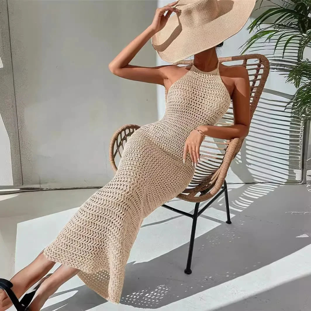 Aiertu  -  Halter Hollow Out Knit Bodycon Dress A-Line Sexy Summer Hoilday Sundress Beachwear Women Backless Maxi Dresses Chic Ladies Robe Aiertu