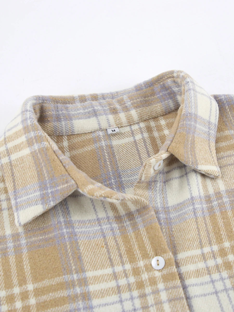 Aiertu  -  Women Vintage Long Sleeve Check Shirts Female Spring Fashion Casual Turn Down Collar Office Single Breasted Blouse Aiertu