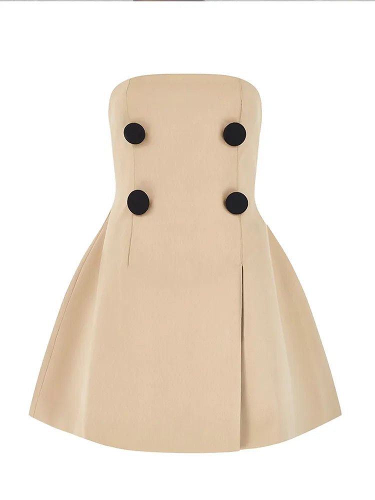 Aiertu  -  Sexy Strapless Sleeveless Backless A-line Dress For Women Fashion Buttons High Waist Mini Dresses Autumn Lady Office Streetwear Aiertu
