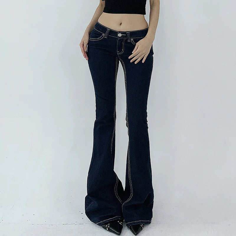 Aiertu  -  Vintage Dark Blue Y2K Flare Jeans Women Low Rise Skinny Denim Trousers Fashion Basic Boot Cut Pants Retro High Street Aiertu