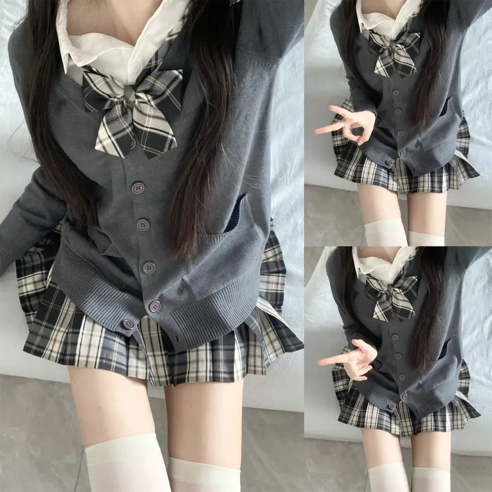 Aiertu 3Pc Set Japanese Korean School Uniforms Multicolor Sweater&Plaid Pleat Skirt with Bow Jk Uniform Suit Graduation Costumes Women Aiertu