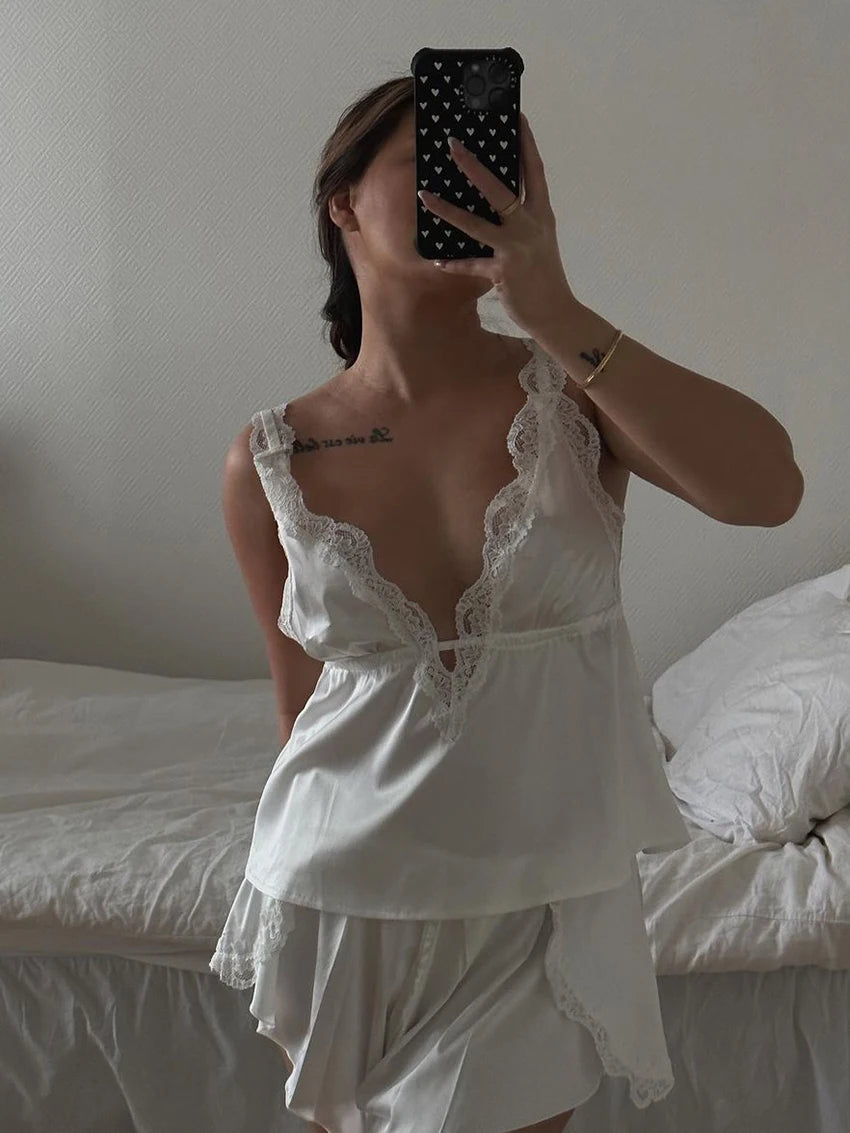 Aiertu  Lace Home Clothes Women Sexy V-Neck Sleepwear Tank Tops Nightgown Backless Nightie Shorts Causal Ladies Nightwear Set Aiertu