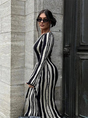 Aiertu  -  Women Chic Striped Printed Knitted O-neck Dresses Elegant Contrasting Color Long Sleeve Bodycon Dress 2026 Lady Party Streetwear Aiertu
