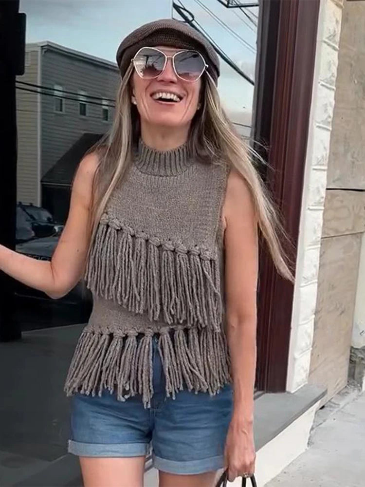 Aiertu  -  Tassels Knit Vests Women Casual Loose Half Neck Sleeveless Hollow Out Vest Female Fashion Solid Soft New Knitwears Lady Aiertu