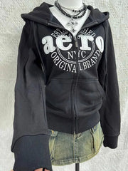 Aiertu  -  Autumn New Y2k Street Letter Embroidered Zipper Hoodie Punk Retro Casual Harajuku Daily Slim Clothes Sports Couple Jacket Aiertu