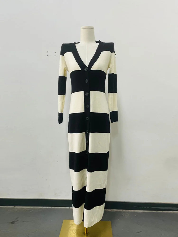 Aiertu  -  Knitted Striped Tube Tops Long Dress Long Jacket Women Set Backless Robe Long Sleeved Single Breasted Jacket Spring Summer Suit Aiertu