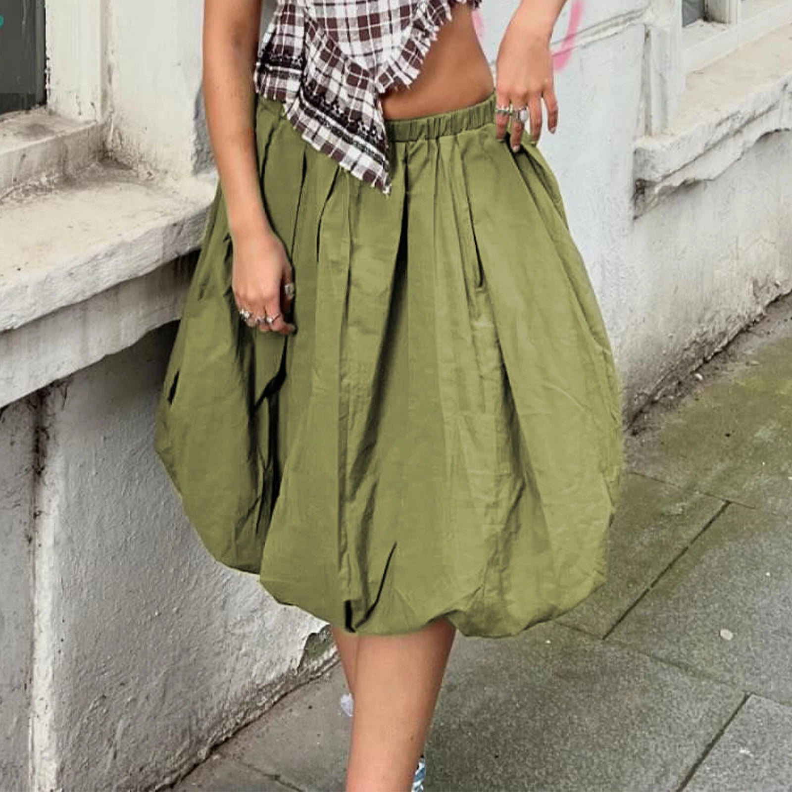 Aiertu  -  Women Bubble A-Line Skirt Casual Summer Solid Color Elastic Waist Gothic Midi Skirt for Beach Vacation Club Streetwear Aiertu