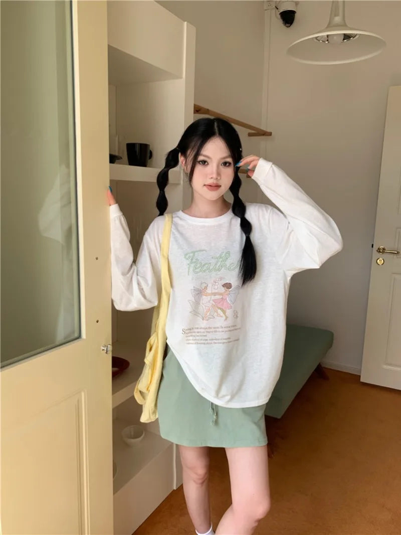 Aiertu  -  Sweet Girl Cartoon O-neck Long-sleeved T-shirt Women's Spring and Summer Cute Casual Loose Top Fashion Female Clothes Aiertu