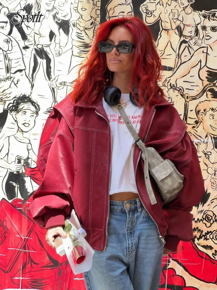 Aiertu  -  Chic Wine Red Leather Contrast Stitch Jacket Fashion Oversized Zipper Long Sleeve Women Coat 2026 Autumn Casual Office Outerwear Aiertu