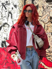 Aiertu  -  Chic Wine Red Leather Contrast Stitch Jacket Fashion Oversized Zipper Long Sleeve Women Coat 2026 Autumn Casual Office Outerwear Aiertu