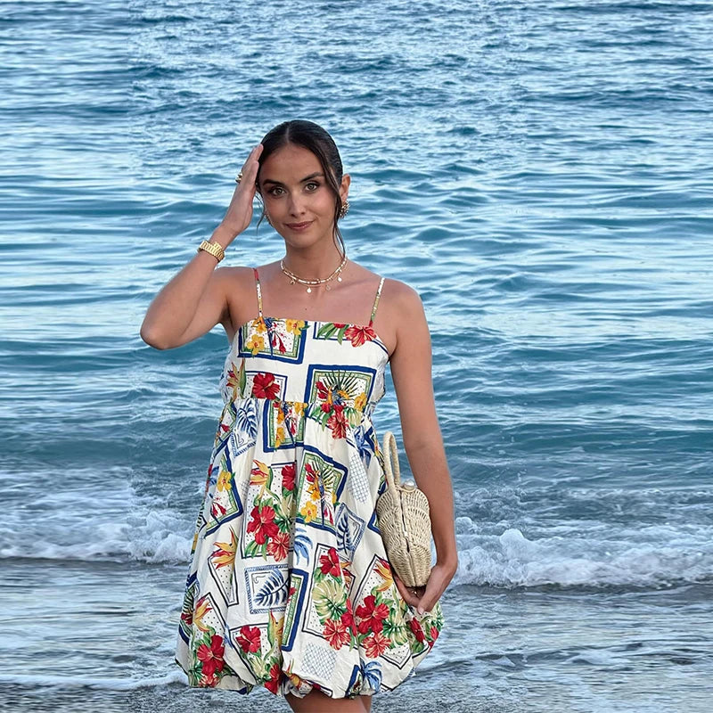 Aiertu  -  Strapless Slip Print Short Dress Pleated Fluffy Halter Flower Bud Women Dresses Fashion Seaside Vacation Beach Strap Dress New Aiertu