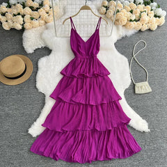 Aiertu  -  Travel Vacation Beach Dress Women's Solid Color Halter Pleated Cake Dress Aiertu