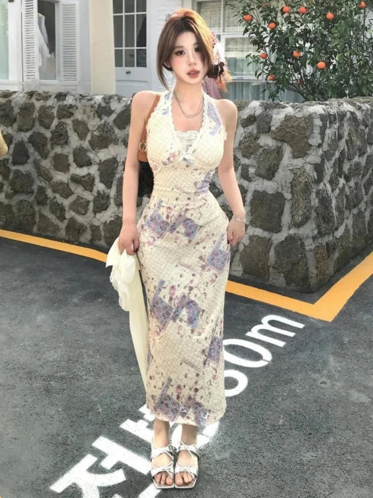 Aiertu  Sexy Two Pieces Set Sun Protection Crop Cardigan + High Waist Halter Print Backless Bandage Drees Femme Outfit Y2k Aesthetic Aiertu
