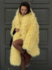 Aiertu  -  Faux Fur Solid Women Coat Full Sleeve With Scarf Female Jacket 2025 Fashion Winter Elegant Thickened Warm Puffy Lady Overcoat Aiertu