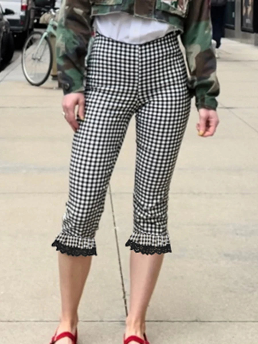 Aiertu  -  Women s Plaid Capri Pants with Lace Ruffles and Stretchy Cropped Leggings for Summer Casual Wear Aiertu