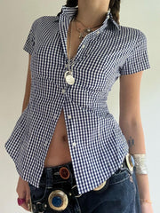Aiertu - summer inspo Hot American Retro Casual Short Sleeve Plaid Shirts For Women Button Up Turn Down Collar Summer Spring Preppy Tops Aiertu