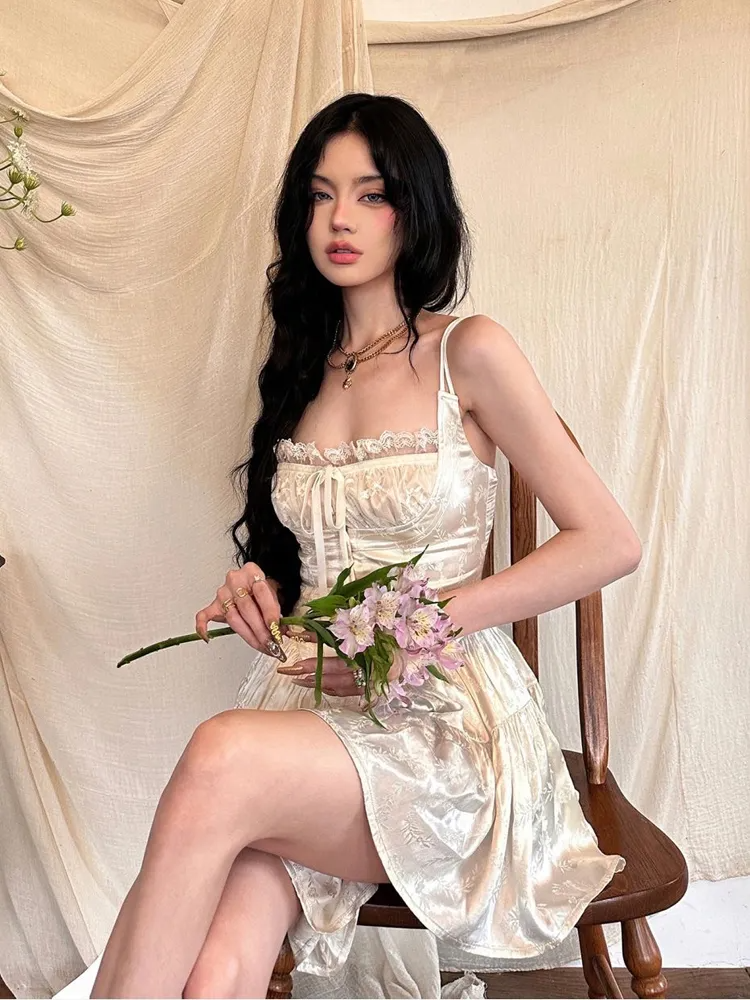 Aiertu - Sexy Solid White Stitching Lace Bra Corset style Spaghetti Strap Mini Dress Women Backless Party Skater Short Sling Robe Aiertu