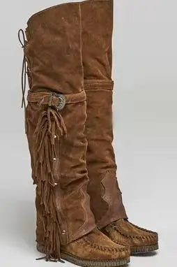 Aiertu    -  Fashion Bohemia Knee-length Women Boots Ethnic Personality High Boots Tassels Faux Suede Boots Girl Flat Bottom Long Botas Mujer Aiertu