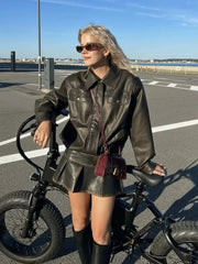 Aiertu  -  Solid Distressed Two-piece Set Women Long Sleeve PU Leather Jackets+Mini Skirts Sets American Vintage Streetwear Outerwear New Aiertu