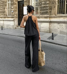 Aiertu  -  Solid Textured Pants Sets Summer Sleeveless Halter Top+Elastic Waist Trouser Suits For Women Elegant Fashion Casual 2 Piece Set Aiertu