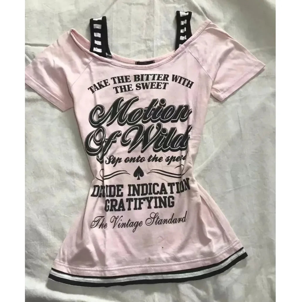 Aiertu  -  Retro Streetwear Y2K Letter Print T-Shirt Women Fashion Street Millennial Trend One Neck Spice Girl Slim Harajuku Casual Top Aiertu