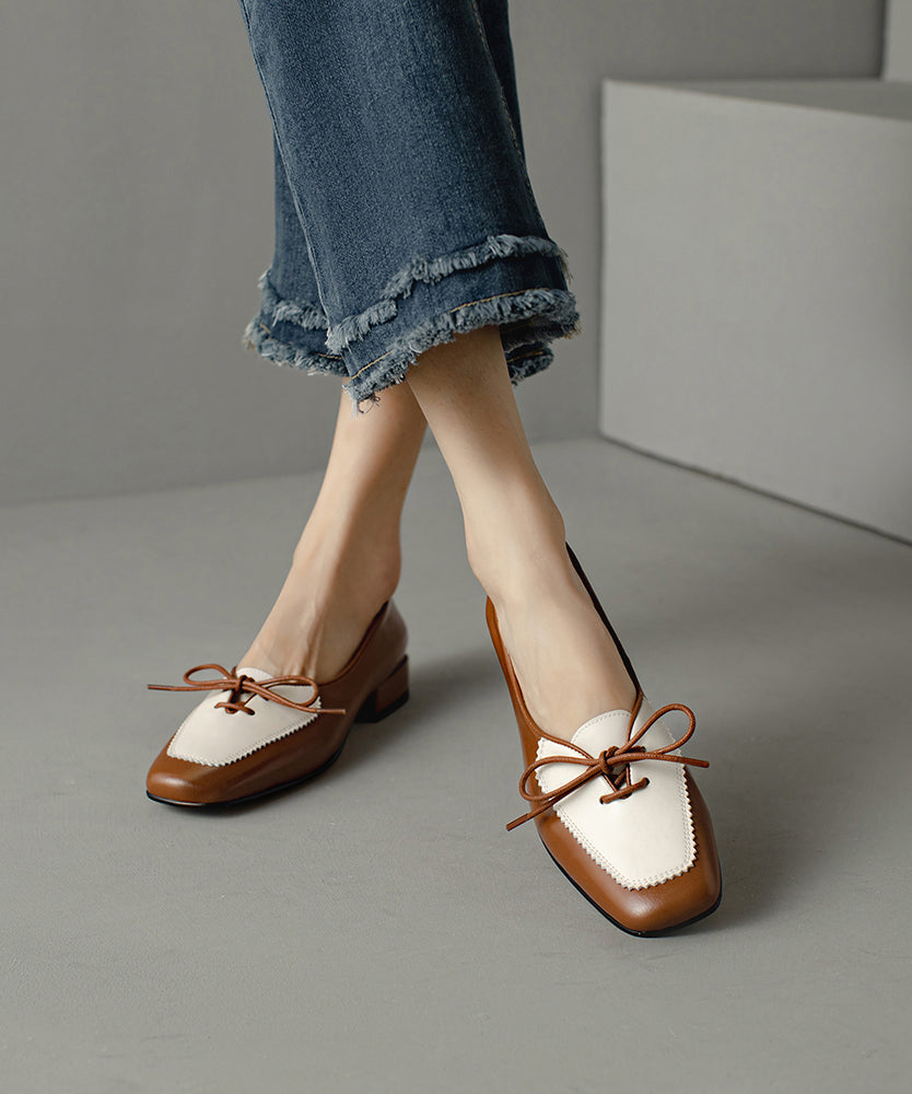 Aiertu  Original Design Brown Cowhide Leather Lace Up Splicing Flats Aiertu