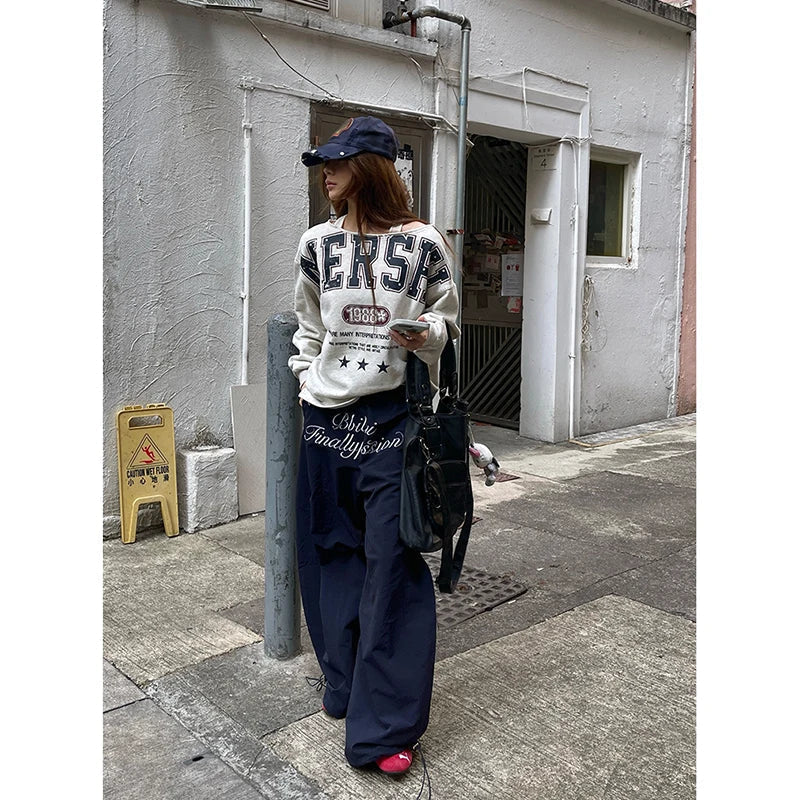 Aiertu  90s American Retro Trend Printed Letters Overalls Women Loose Fold High Street Korean Casual Sports Couple Wide leg Pants Unisex Aiertu