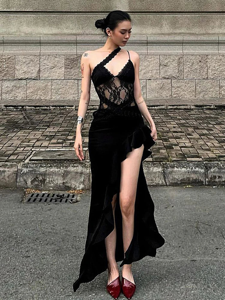 Aiertu  -  Slanted Shoulder Strap Halter Dress Lace Suspender Irregular Splicing Perspective Backless Camisole Robes High Slit Long Dresses Aiertu