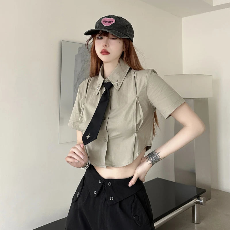 Aiertu Y2K Cropped White Shirts Women Harajuku Tie Short Sleeve Blouses Summer Preppy Korean Aesthetic All Match Crop Tops New Aiertu