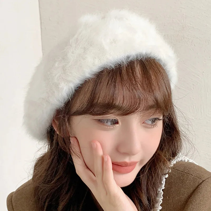 Aiertu  -  Winter Rabbit Fur Soild Color Beret Hats Women For Adjustable Elastic Band Warm Beret Elegant Soft French Artist Beanie Hat Girl Aiertu