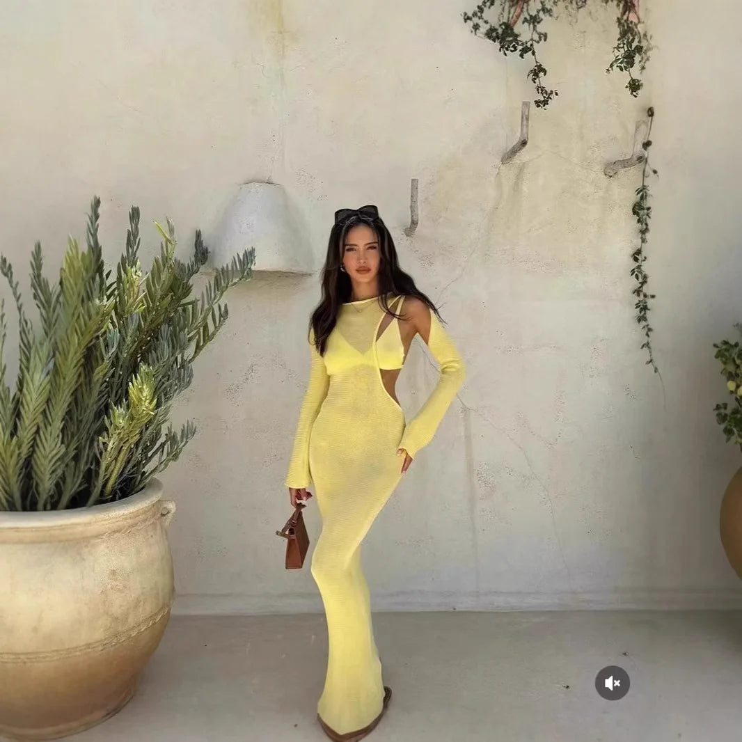 Aiertu  -  New Spring Sexy Holiday Cut Out Maxi Dress for Women Long Sleeve Beachwear Dresses Yellow Knitted Skinny Elegant Vestidos Aiertu