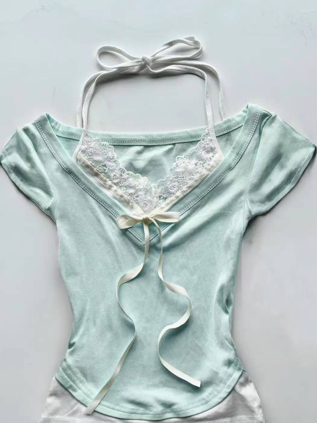 Aiertu  -  Y2k Aesthetic Fake Two Pieces Halter Bandage T-shirts Summer Women Lace Patchwork Crop Tees Streetwear Grunge Bow Bodycon Tops Aiertu