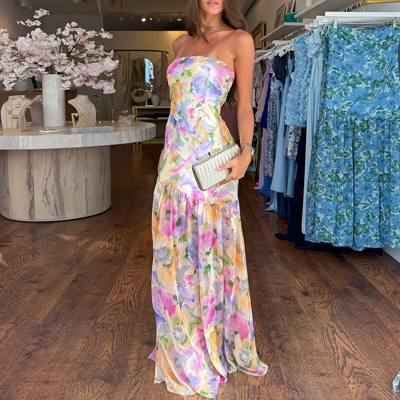 Aiertu  -  Spring Slim Fit Hem Long Dress Sexy Strapless Floral Print Boho Maxi Dress Womens Summer Fashion Off Shoulder Pleated Dress Aiertu