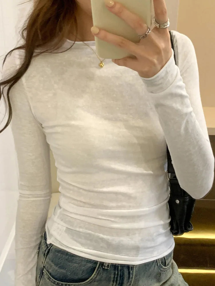 Aiertu Spring Autumn T shirt Women Tops Solid Slim Fit Long Sleeve O Neck Tshirts Female Casual Streetwear High Quality Base Tees Aiertu